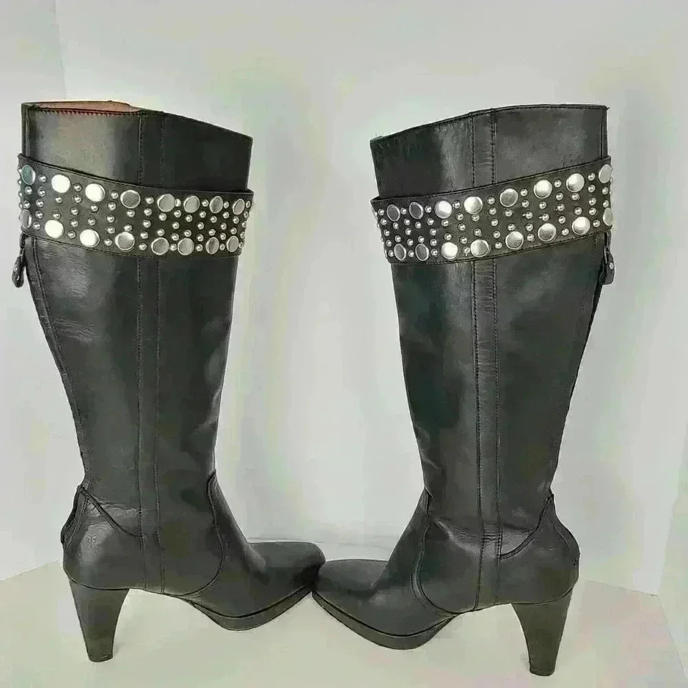 Frye Black Katie Heel Leather Tall Heels Pointed Toe Studded Band Sz 6.5M - Picture 11 of 16